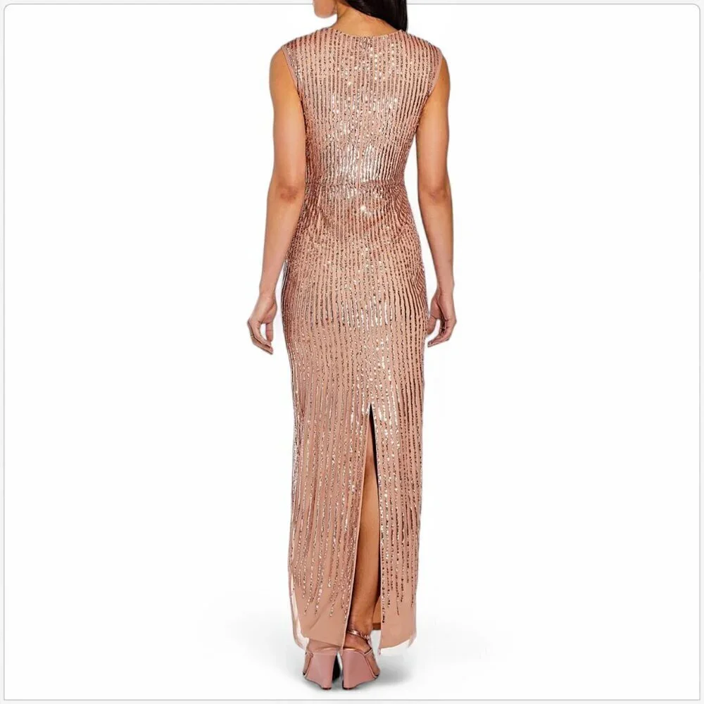 Adrianna Papell Rose Gold Cowl Neck Beaded Sequin Column Gown Dress NWT New 4